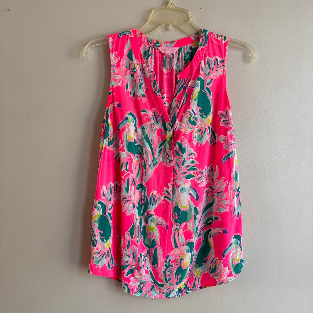 Lilly Pulitzer Top Womens XS Pink Toucan‎ Tropical Sleeveless Beach Colorful